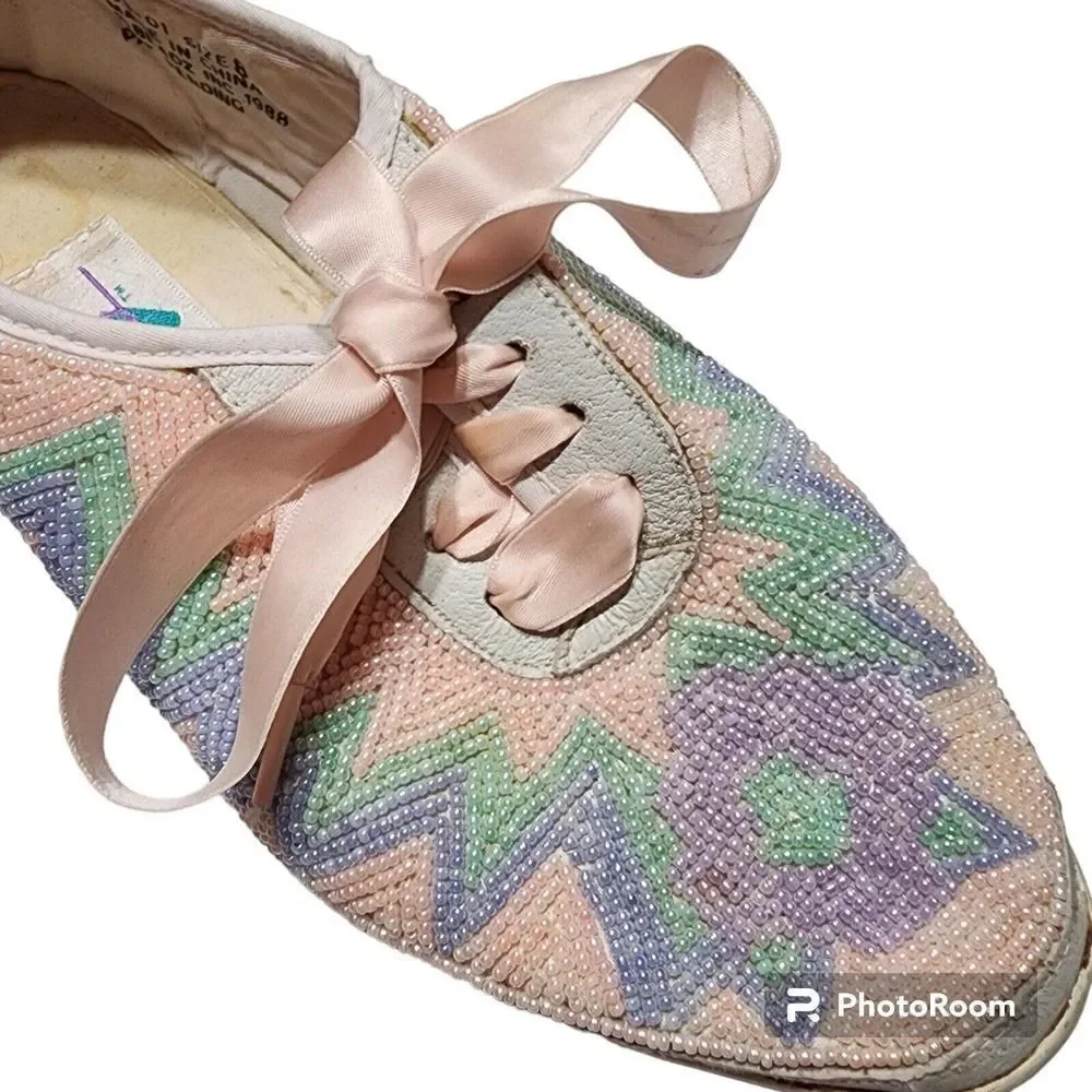 Vintage 80s Beadz Beaded Tennis Shoes Sneakers Size 8 Pink Pastel Ribbon Laces